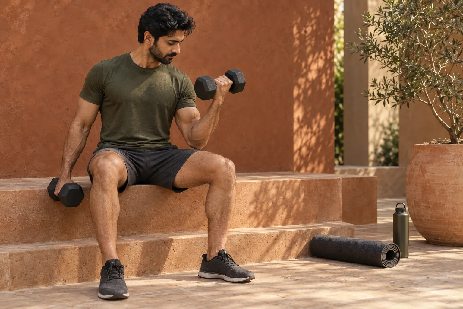 Training with dumbbells in a warm, sunlit courtyard